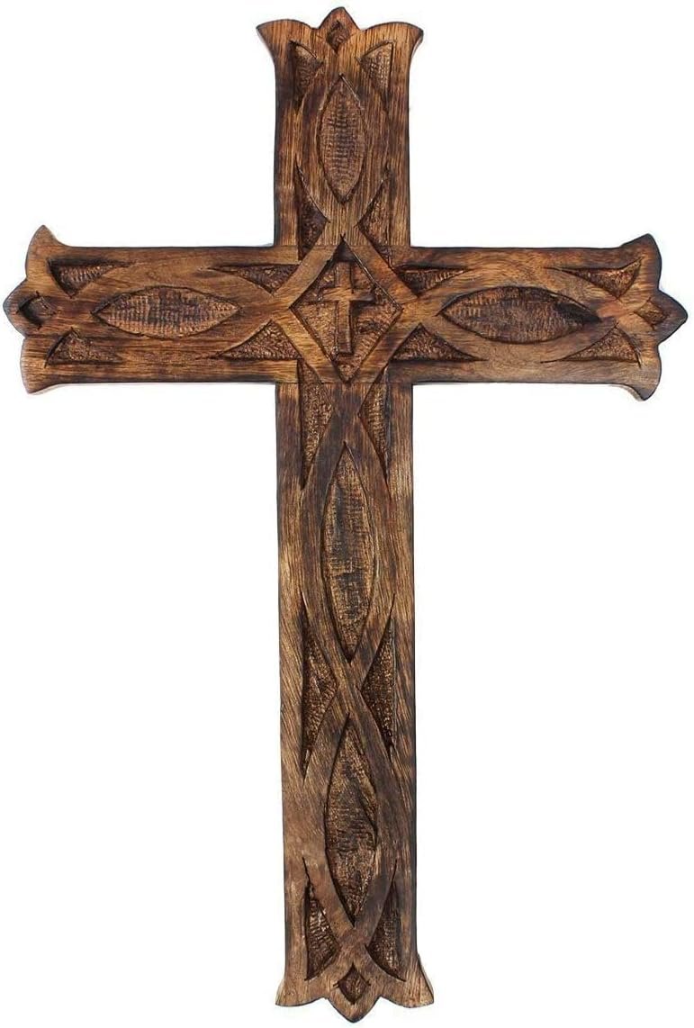 KSJONE Antique Design Rustic and Vintage Look Wooden Wall Hanging Cross Decorative Religious Altar Spiritual Art Sculpture Home Living Room Decor Accessory for Christmas and Other Occasions 10 Inch