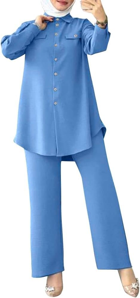 ODIZLI Muslim Long Sleeve Blouse Wide Leg Pants Suits Autumn Solid Abaya Women Matching Sets 2PCS Tracksuits Turkey Kaftan