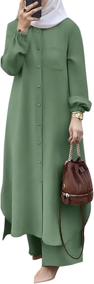 Women’s Muslim 2 Pieces Sets Long Sleeve Button Down Shirt and Pants Abaya Casual Dress Dubai Outfits