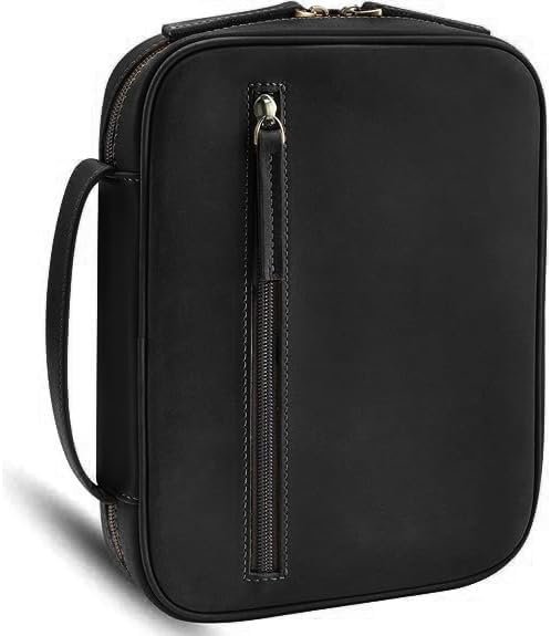 Jack&Chris Full Grain Leather Bible Covers, Church Bag Bible Protective Book Holder, Large Bible Cover for Men Women, Bible Carrying Case Folder Organizer with Handle, Christian Art Gifts, Black