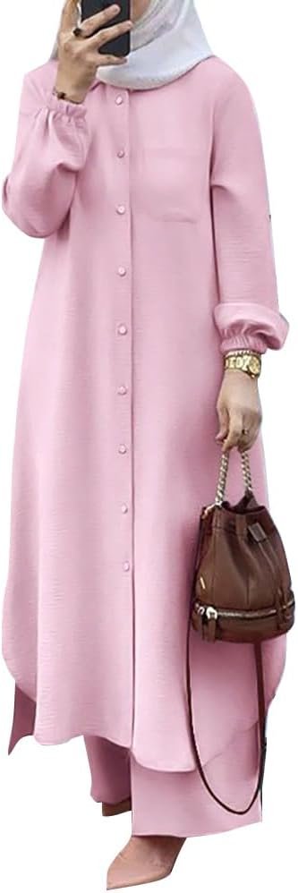 Muslim Clothes for Women 2 Piece Set Long Sleeve Button Down Shirt and Pants Ramadan Abaya Dress Islamic Dubai Outfits