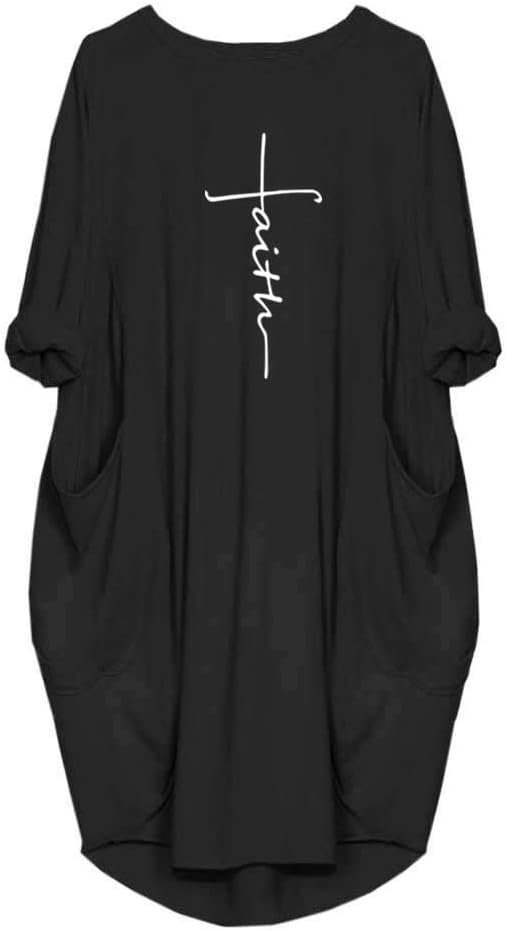 Women’s Faith Oversize Baggy Long Sleeve T Shirt Causal Loose Midi Dresses with Pockets
