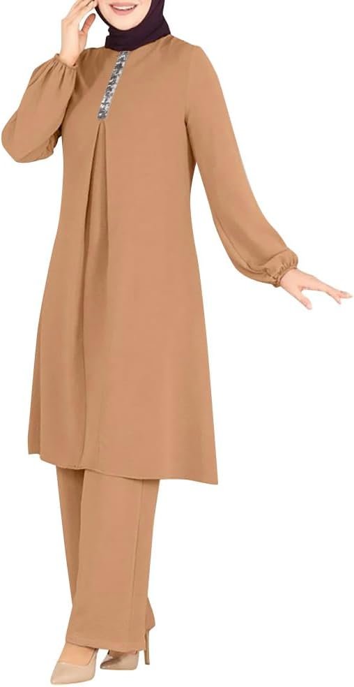 Abayas Dress For Women Muslim Long Sleeve Loose Top Pants 2 Pcs Dubai Islamic Muslim Women Matching Sets