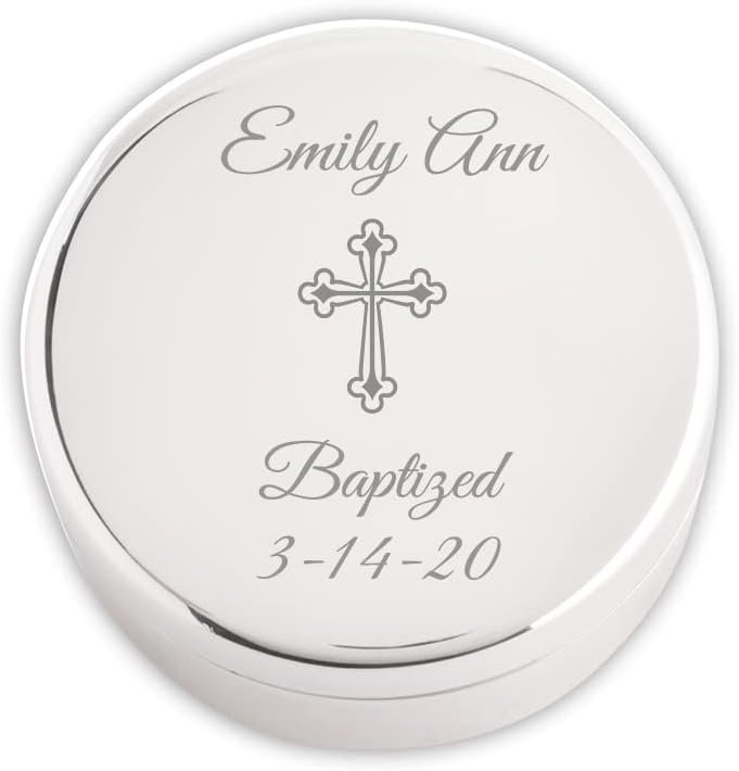 Cherished Moments Personalized Small Round Jewelry Keepsake Box that has Custom Engraved Cross and Message for Baby Baptism, Silver Toned