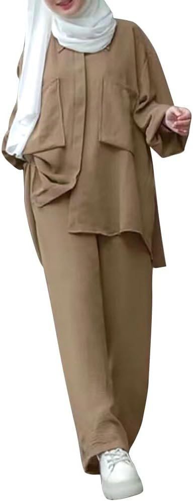 ODIZLI Muslim Long Sleeve Blouse Wide Leg Pants Suits Autumn Solid Abaya Women Matching Sets 2PCS Tracksuits Turkey Kaftan