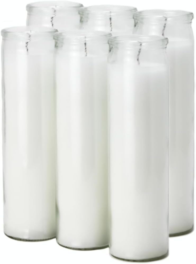 7 Day White Candles, 6 Pack of Unscented Devotional Candle in Clear Glass Jars, Long-Lasting Burn for Vigils, Prayer, Memorials, Meditation, Religious Catholic, Veladoras Blancas