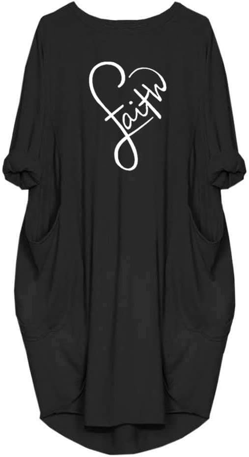Women’s Faith Oversize Baggy T Shirt Causal Loose Party Short Midi Dresses with Pockets