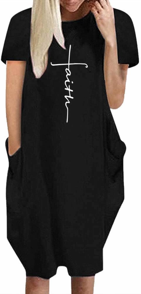 Faith Printed Oversize Short Sleeve Causal T-Shirt Dresses with Pockets for Women