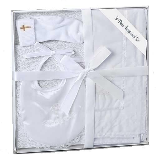 Roman White 3 Pc Baptism Gift Set with Bib/Blanket/Socks