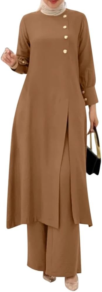 IDOPIP Abaya Dress for Women Muslim Set Long Sleeve Ramadan Islamic Dress Shirt with Pants 2PCS Dubai Prayer Casual Clothes