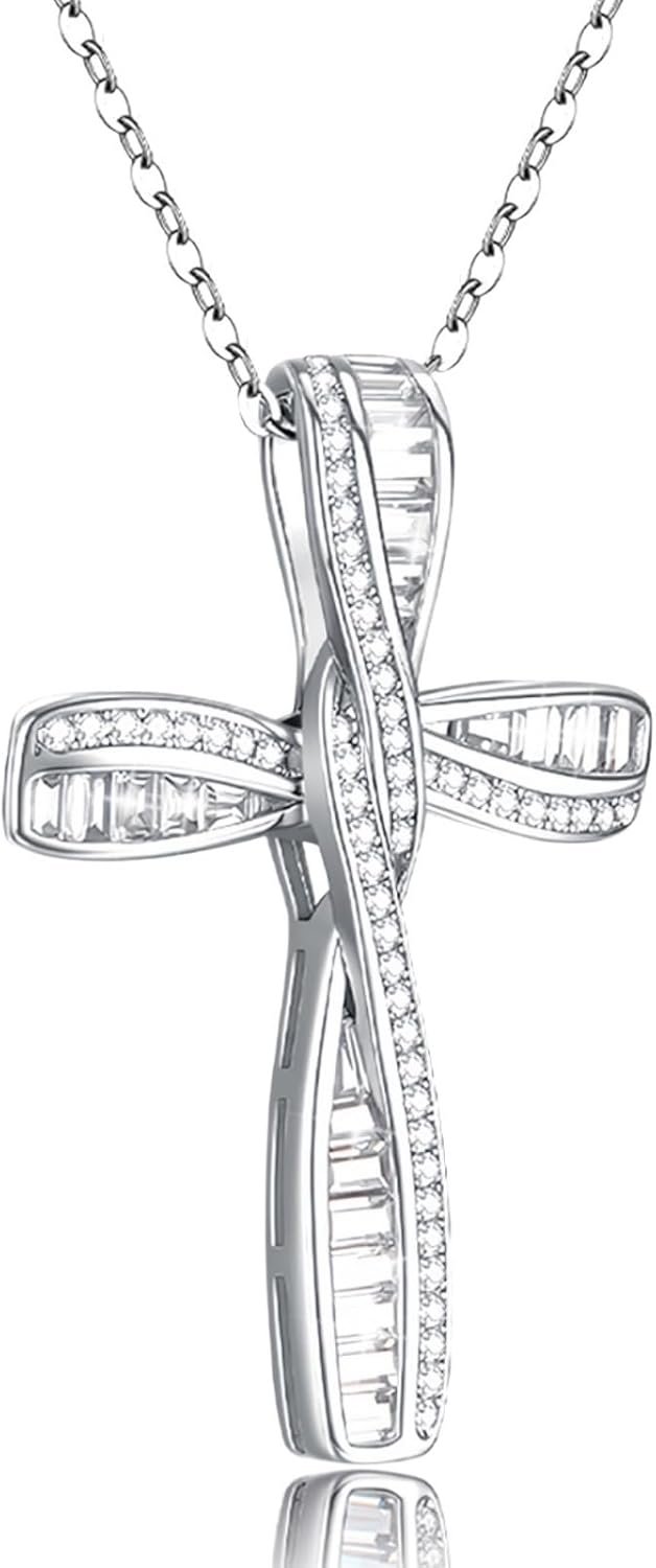 Cross Necklace for Women, 925 Sterling Silver Cross Necklaces, White Gold Cross Pendants,Cubic Zirconia Infinity Loop Cross Pendant Necklace