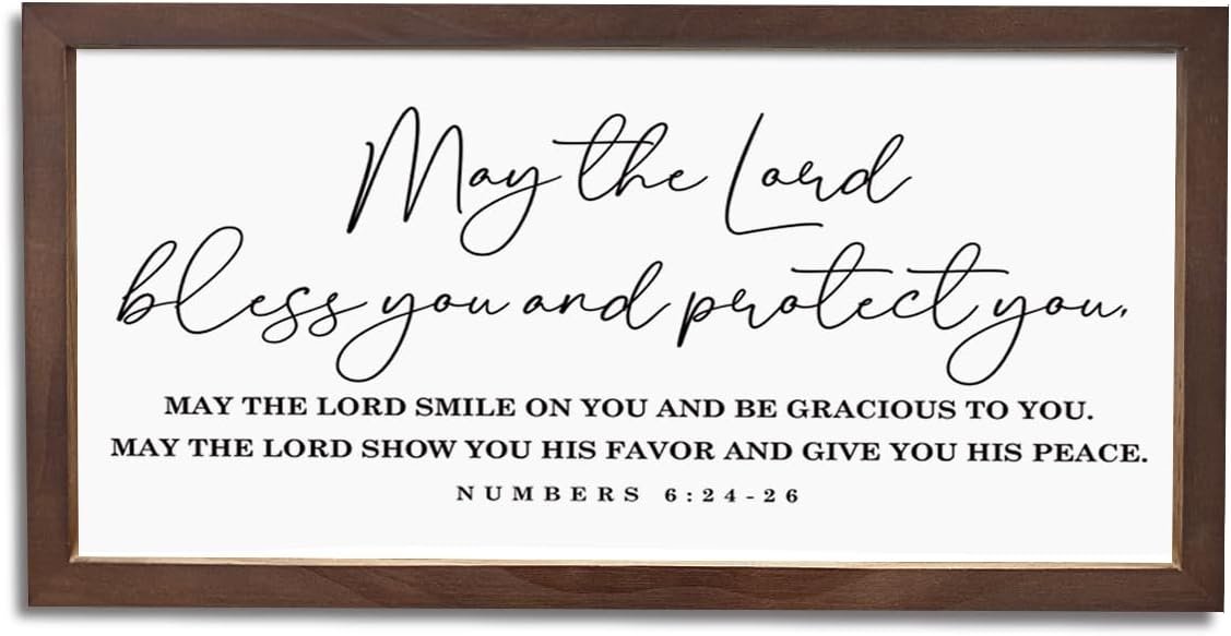 Christian Decor for Entryway Home Living Room, Farmhouse Wood Framed Sign 15×7.5×0.3 inches, Christian Gift for Family or Friends, Housewarming Gift, May the Lord Bless You and Protect You