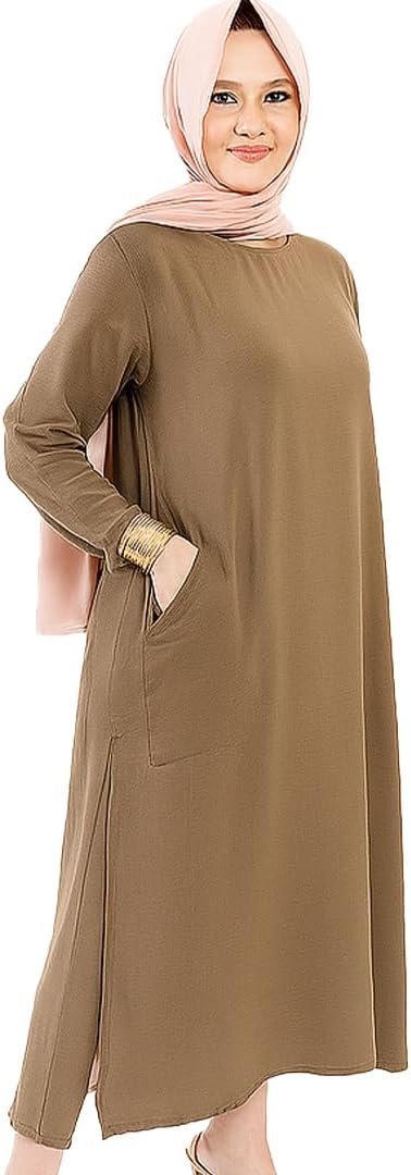 Women Linen Modest Long Shirt Dress with Sleeves Round Neck and Side Pocket Loose Fit Style for Casual Party