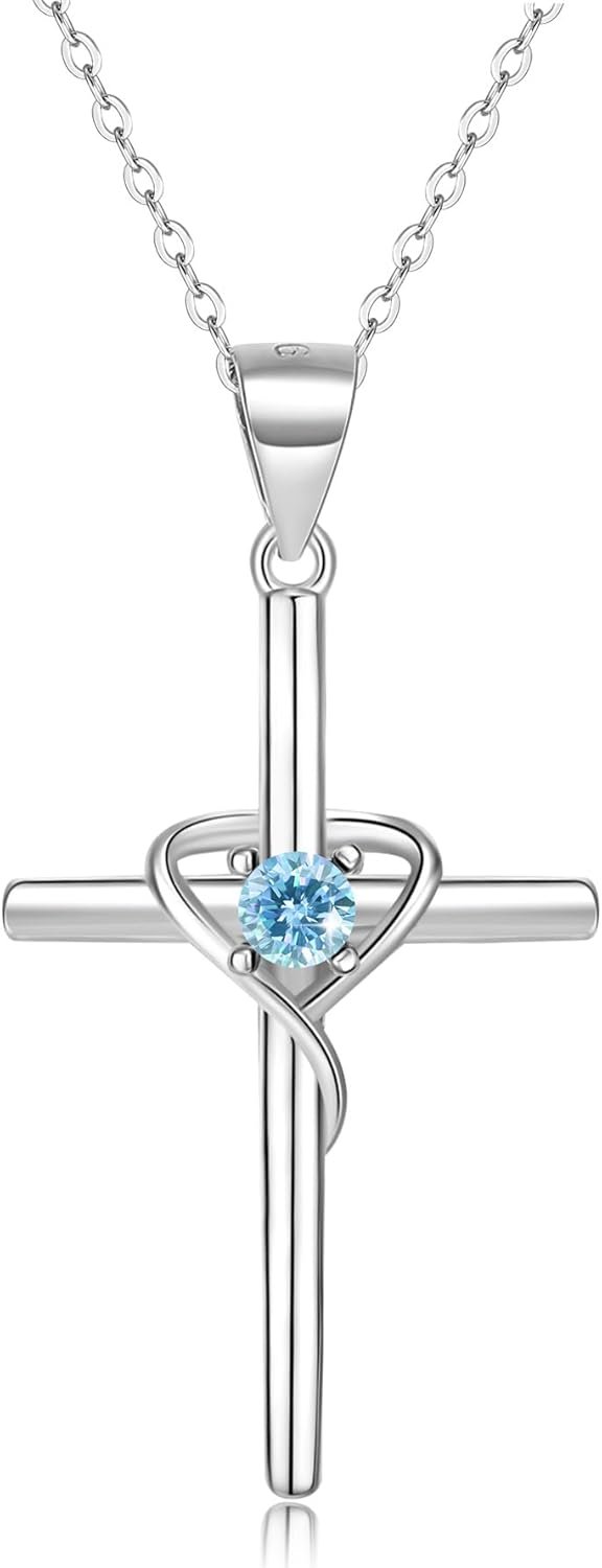 Cross Necklace for Women, 925 Sterling Silver Birthstone Necklace, 5A CZ Cross Heart Pendant with Adjustable Chain, 16+2 Inches