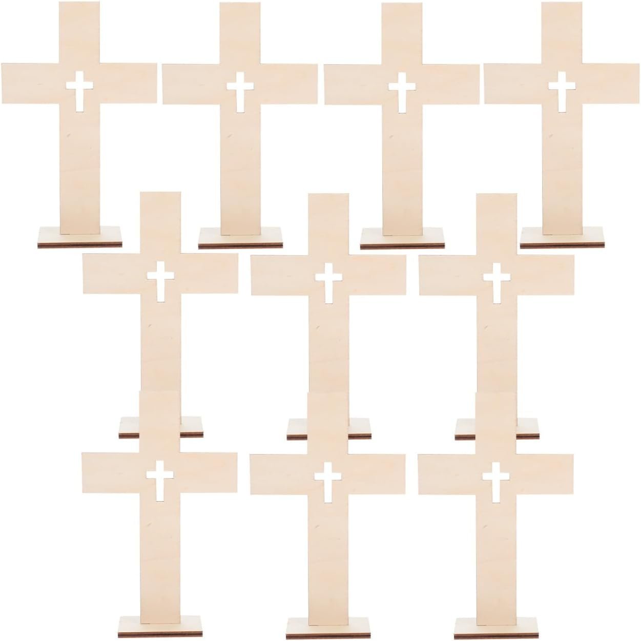 Veemoon 10pcs Unfinished Wooden Craft Cross Blank Wood Cross Decor Rustic Catholic Diy Desk Ornament Standing Crosses with Base for Tables Centerpieces Baptism Religious Home Party, 6.6Inch