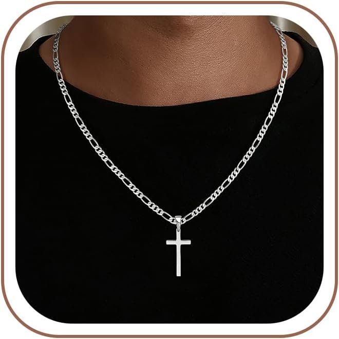 HIMSTORY 925 Sterling Silver Cross Necklace for Men Women, 5MM Durable Figaro Chain Cross Pendant Necklace for Men Women Jewelry Gifts for Boyfriend Father Husband