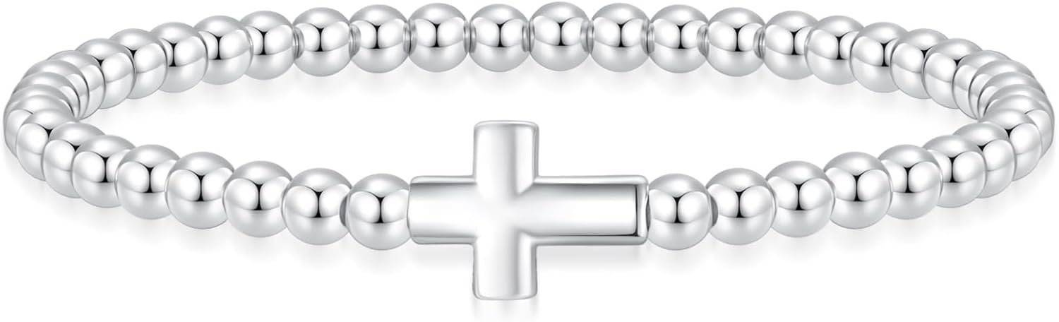 Mothers Day Gifts – Beaded Bracelets for Women 14K Silver Gold Plated Stretch Handmade Ball Bracelets Cute Charm Bracelet Dainty Stackable Cross Heart Bow Wave CZ Circle Trendy Jewelry Easter Gifts
