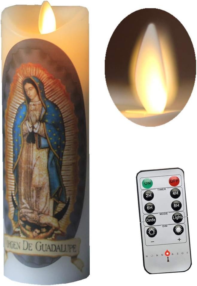 NONNO & ZGF Moving Wick Flameless Our Lady of Guadalupe Prayer Candle, Real Wax, Virgin Mary Devotion Battery Operated Pillar Candles with Remote Timer Function, Bright Flickering Light