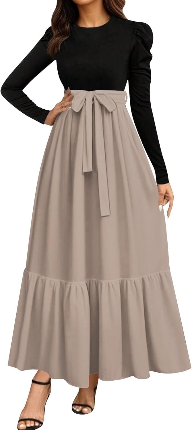 Women’s Boho Dresses 2026 Crew Neck Long Sleeve High Waist Smocked Teacher Church Modest Midi Dress, S-2Xl