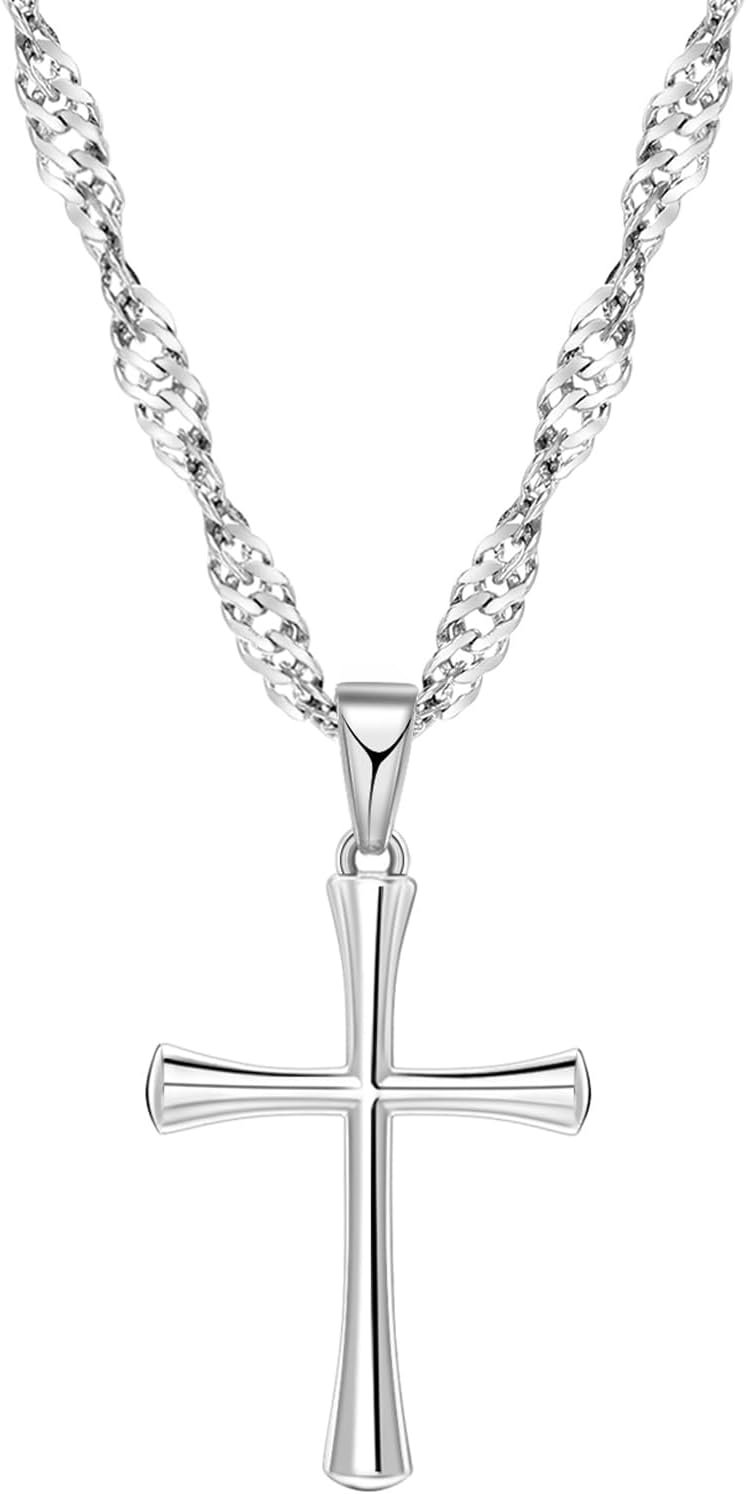 Small Cross Pendant Necklace for Women, 18″ + 2″ Wave Chain Stainless Steel