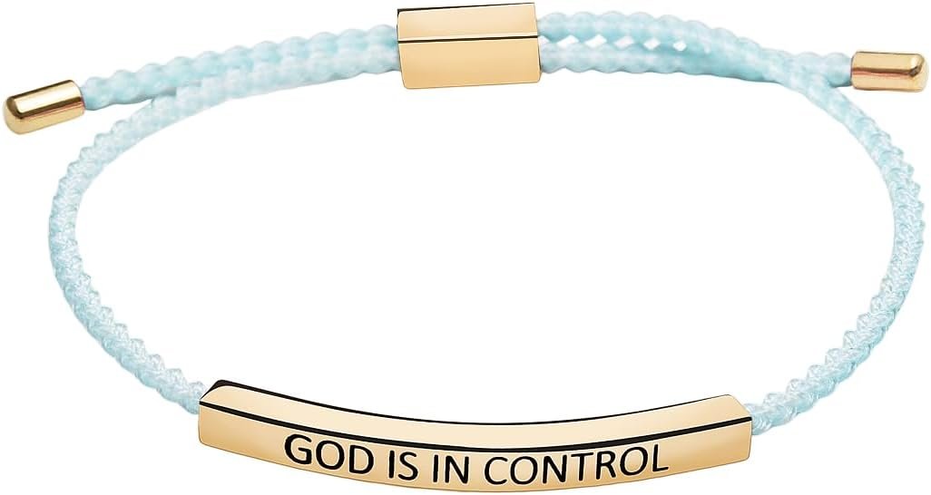 Pingyongchang God Is In Control Inspirational Bracelets for Women,Christian Faith Bracelets Handmade Letter Braided Adjustable Stainless Steel Bangle Men Christmas Birthday Gifts Jewelry