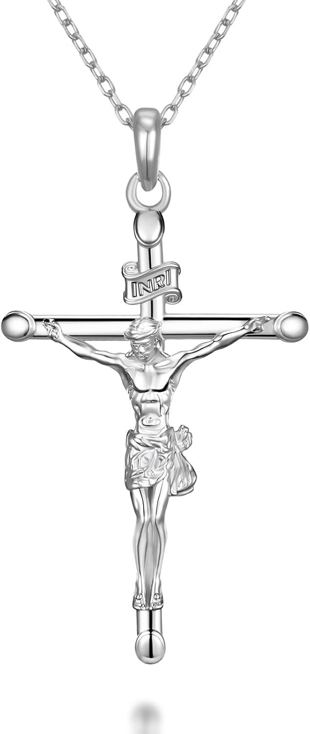 NORBU 925 Sterling Silver Crucifix Necklace for Women, 18K Gold Plated Womens Cross Pendant Necklaces with 18/20 inch Chain, Catholic Jesus Christian Jewelry Religious Gift for Her