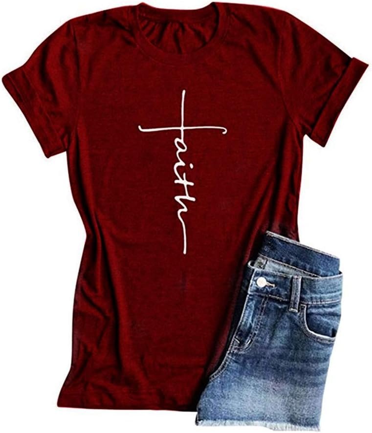 Qrupoad Faith T Shirt for Women Christian Jesus Cross Inspirational Shirts Summer Graphic Tees for Religious Gift
