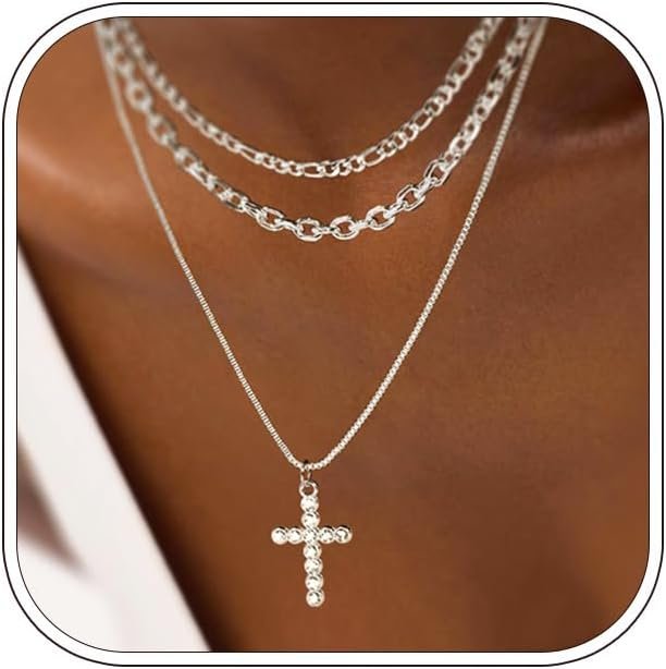 Sterling Silver Cross Necklace for Women Girls Dainty Gold Necklace Stack Non Tarnish Layered Necklaces CZ Cross Pendant Choker Figaro Box Chain Link Layering Stackable Necklaces Trendy Jewelry Gift