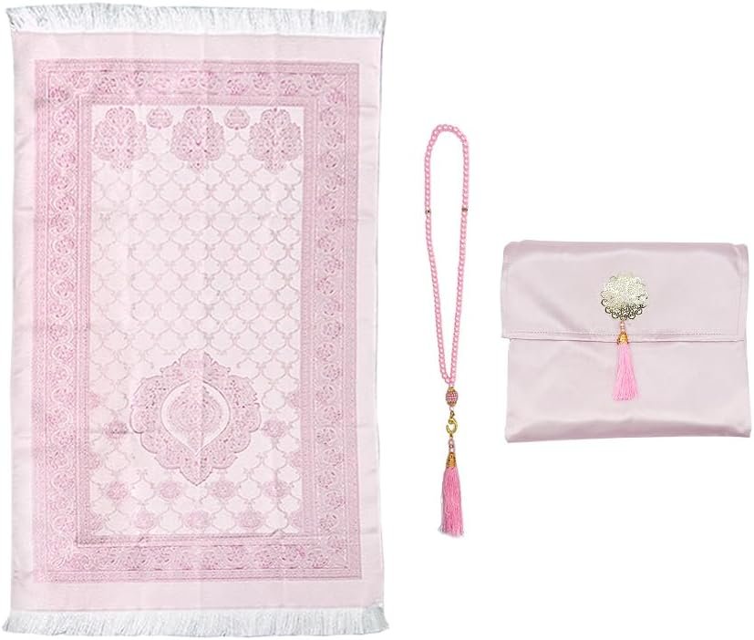 Muslim Prayer Rug and Beads with Elegant Slub Fabric Bag, Islamic Prayer Mat, Muslim Prayer Rug, Ramadan Prayer Blanket, for Gifts, Muslim, Islamic, Ramadan, Prayer (Pink,110 * 70CM)