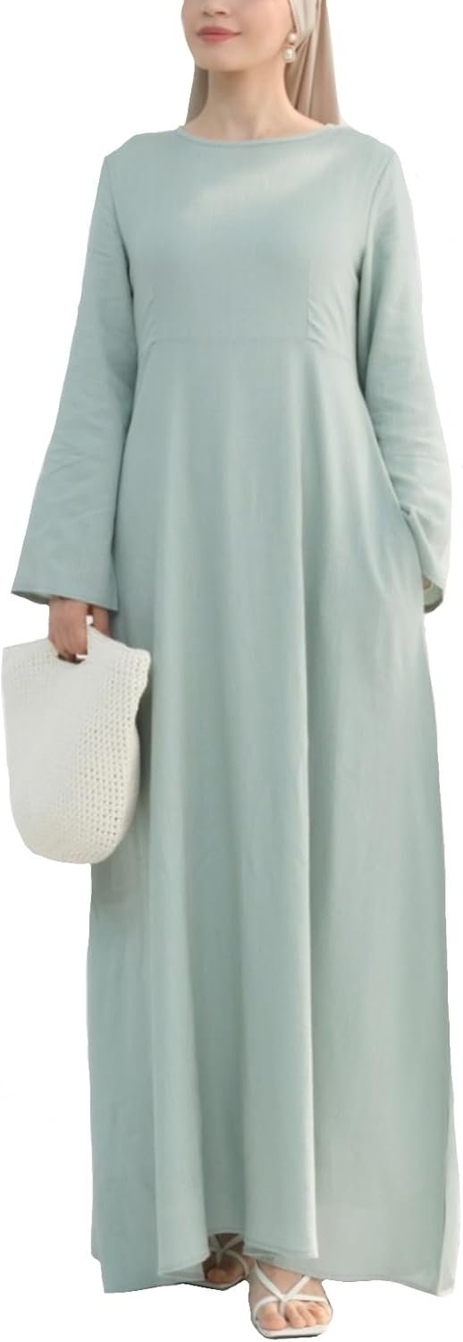 Hanimeli Linen Long Sleeve Maxi Dress A-Line Modest Abaya for Summer and Spring Lightweight Breathable Dress