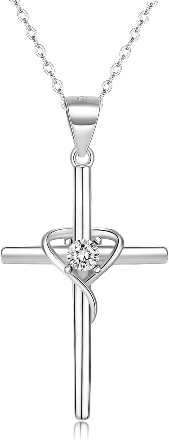 Cross Necklace for Women, 925 Sterling Silver Birthstone Necklace, 5A CZ Cross Heart Pendant with Adjustable Chain, 16+2 Inches