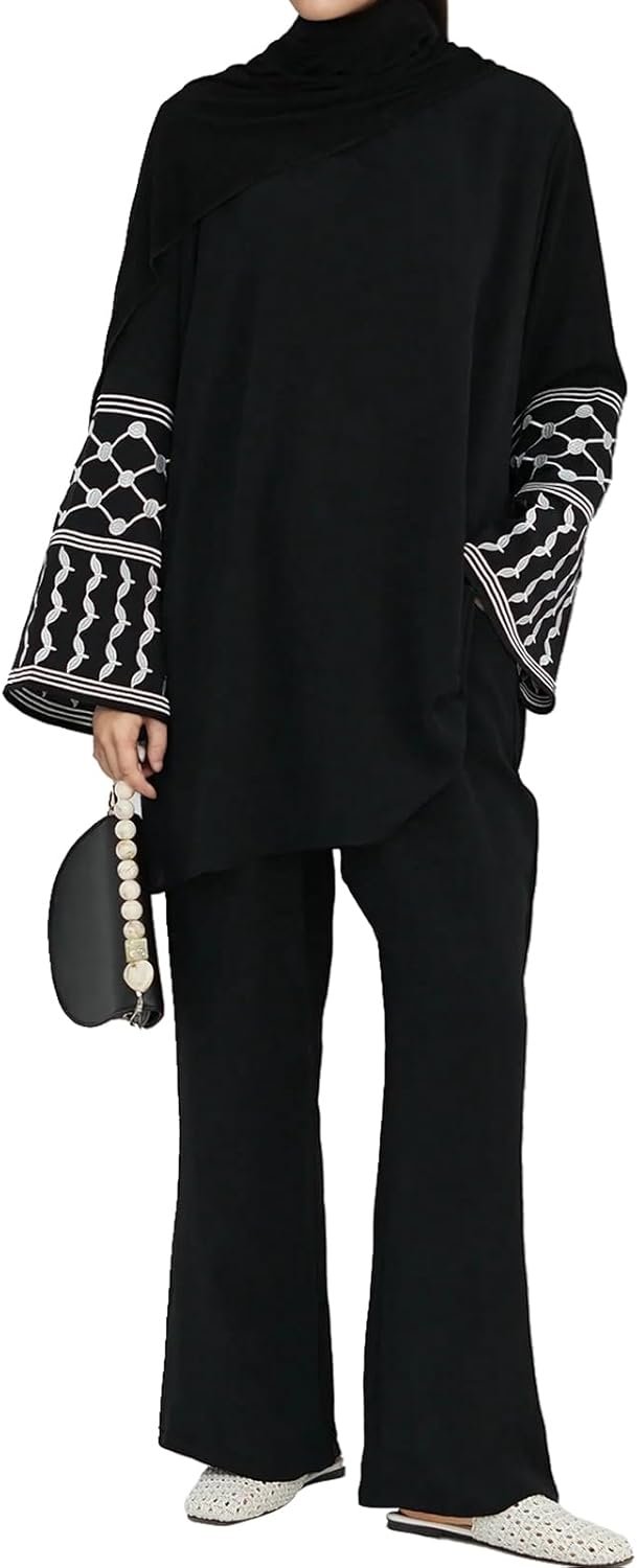Women’s Top + Pants Eid Ramadan Muslim Two-piece Outfits Embroidered Dubai Abaya Islamic Arabic Clothing