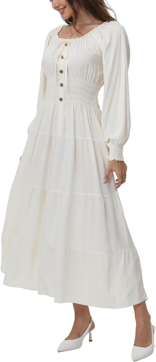 OSTOO Women’s 2026 Casual Long Sleeve Square Neck Smocked High Waist Flowy Maxi Dress,Boho Tiered Beach Party Dress