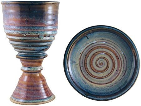 Communion Chalice Set – Goblet & Paten for Church Offering Supplies – Stoneware Communion Cup & Plates – Chalice and Paten Set for Religious Services – (Pastel Blue)