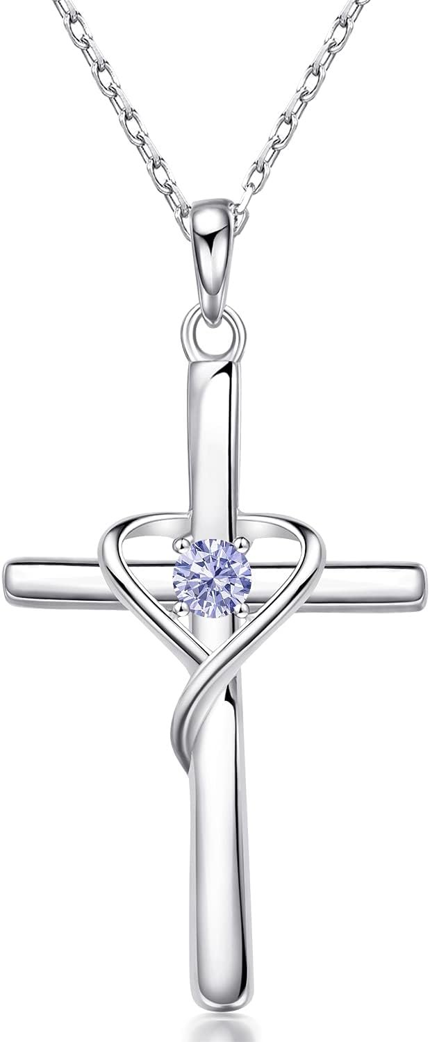 AmorAime 925 Sterling Silver Cross Necklace for Women Men 14K Gold Plated 5A CZ Birthstone Necklaces for Holiday