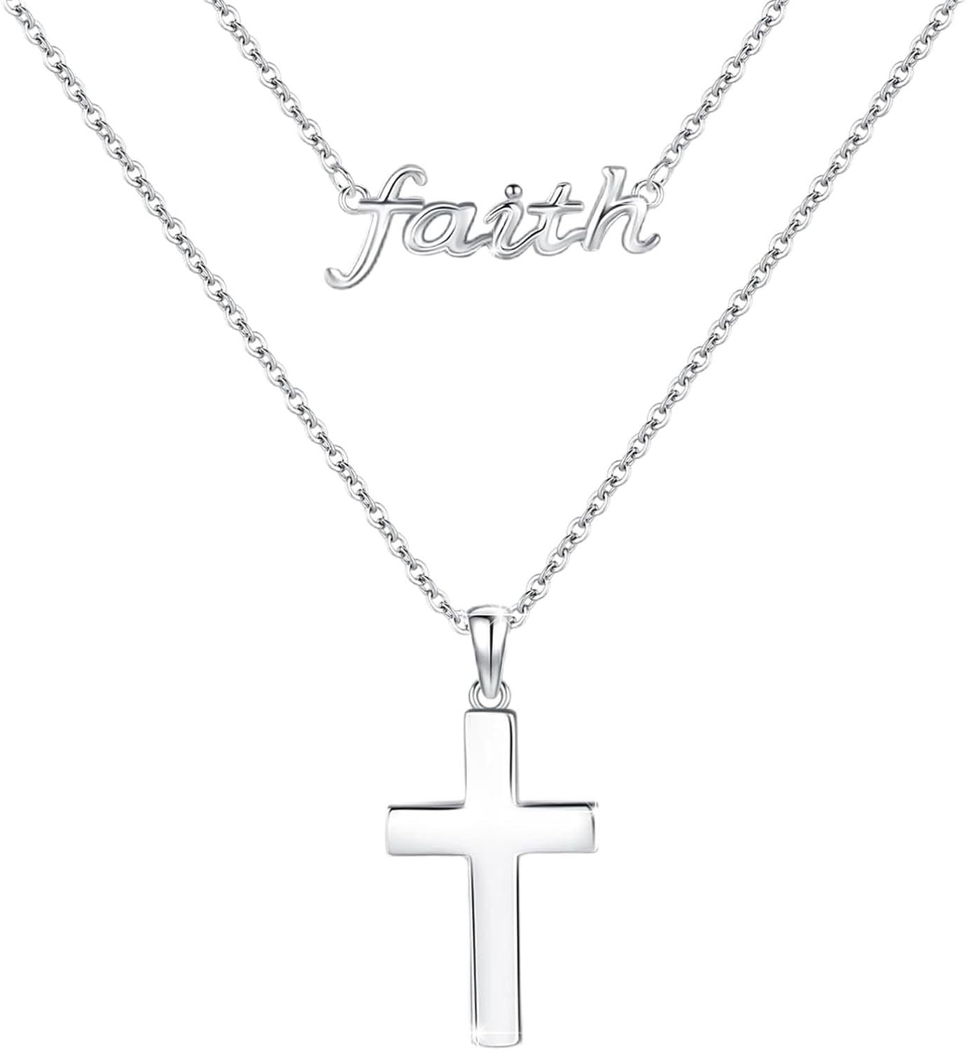 Faith Cross Necklace 925 Sterling Silver Baptism Crucifix Christian Religious Hope Pendant Stackable Stack Choker Jewelry for Women with Packing Box Religious Anniversary Birthday Christmas Jewelry Gifts for Women Her Wife