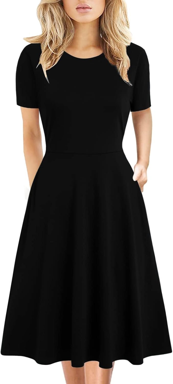 Women’s Elegant Knee Length Dresses Vintage Summer Office Casual Floral Print Work Party A-Line Swing Dress with Pockets 162