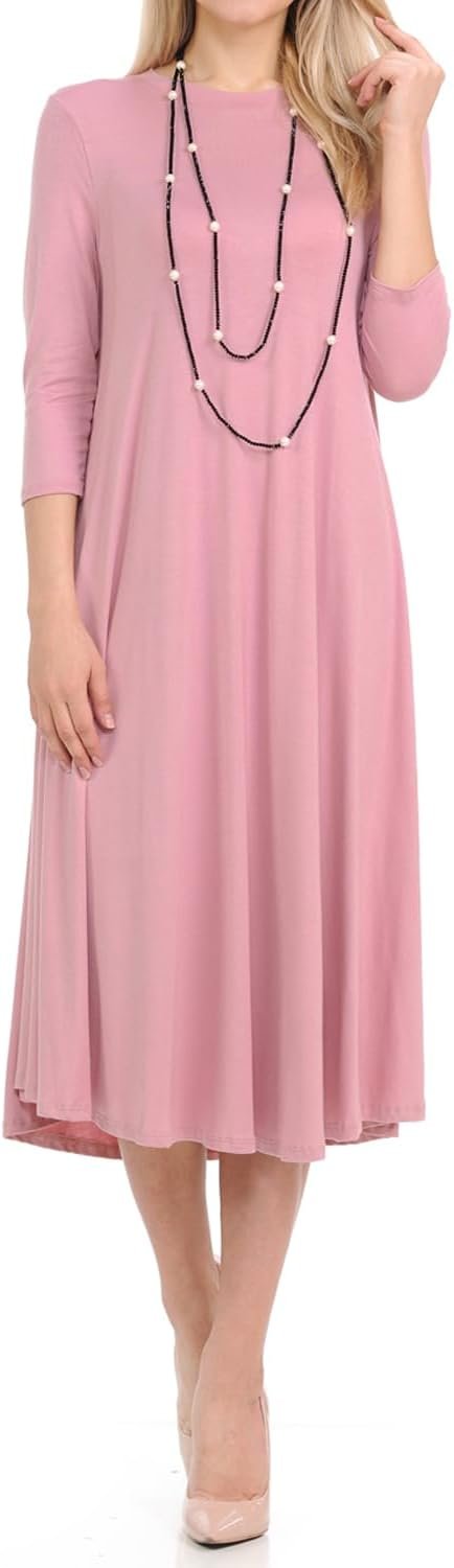 iconic luxe Women’s Swing Midi Dress – 3/4 Sleeve Flowy A-Line Tunic – Soft, Stretchy, Comfortable, and Versatile