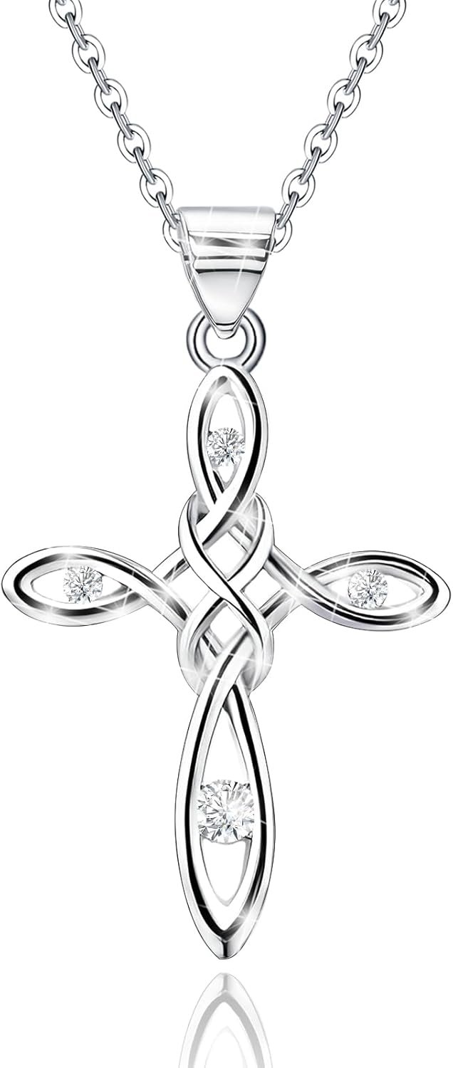 Sterling Silver Celtic Cross Necklaces for Women – Cubic Zirconia Celtic Knot Necklace Hypallergenic Adjustable Pendant Necklace Classic Irish Jewelry Gifts for Her Mom Wife