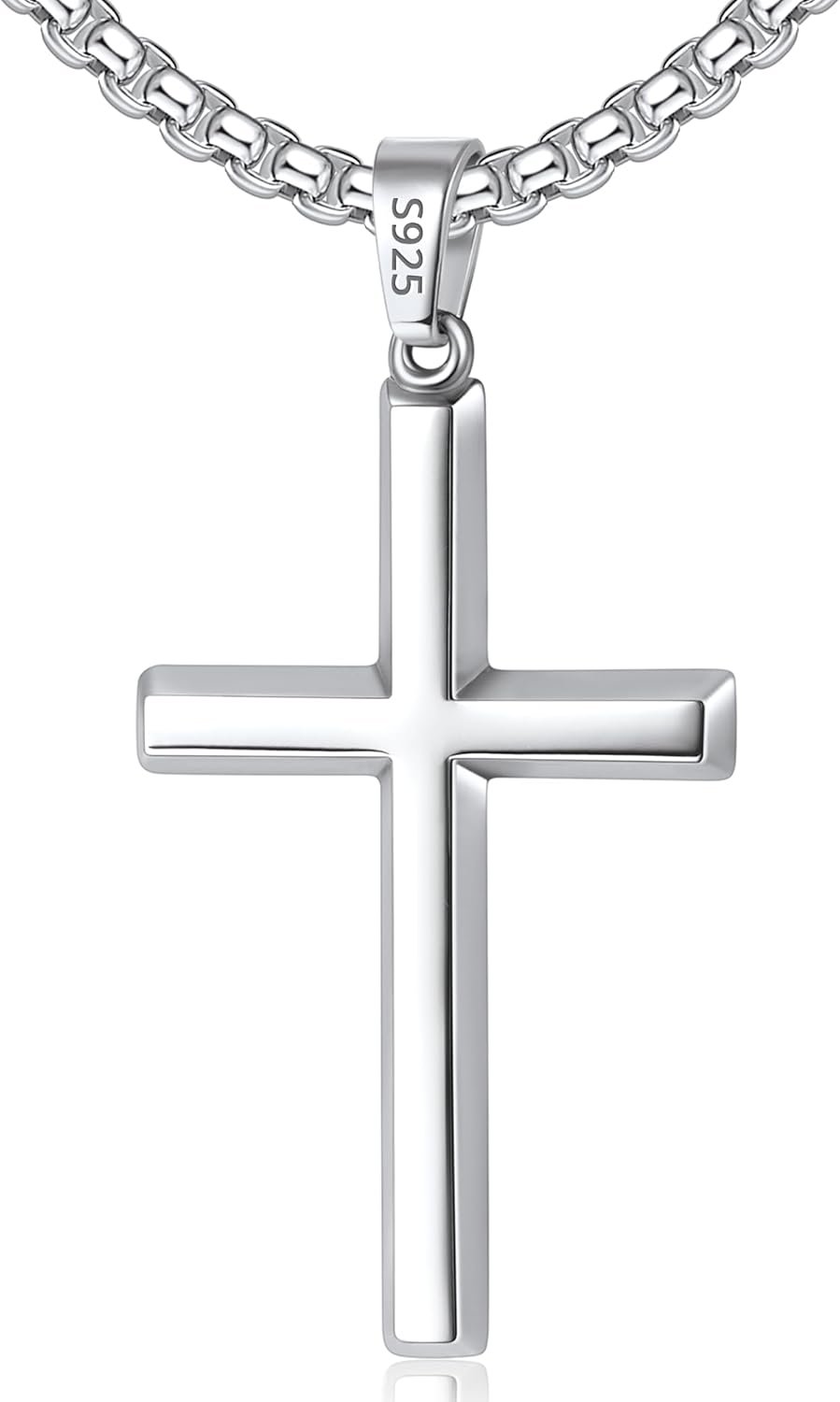 925 Sterling Silver Cross Necklace for Men Boys, 18k Gold Plated Sterling Silver Cross Necklace with 3mm Stainless Steel Box Chain, Mens Chain Necklaces 16 18 20 22 24 26 Inch