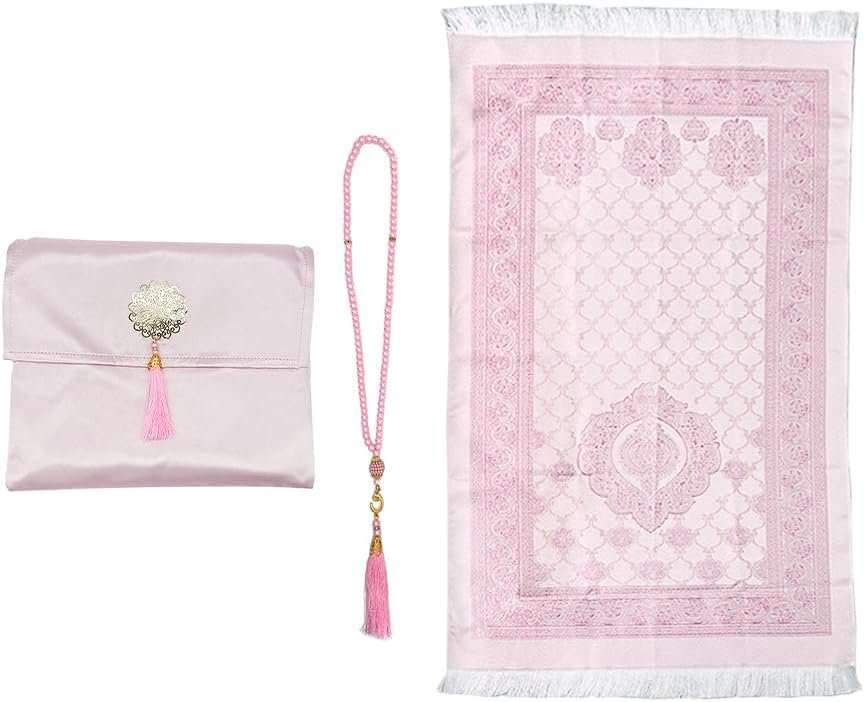 Anlising Muslim Prayer Mat with Prayer Beads and Fabric Bag, Islamic Prayer Mat, Foldable Prayer Rug, for Muslim, Islamic, Ramadan, Gifts (Pink,110x70CM)