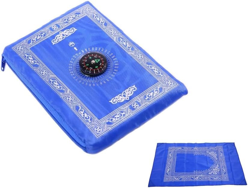 1 PiecesTravel Prayer Mat with Compass,Muslim Prayer Carpet,with Compass Pocket Sized Carry Bag,Muslim Travel Prayer Mat and Attached Compass,Islamic Prayer Rug,Blue