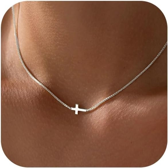 Rotnso Cross Necklace for Women 14K Gold Silver Plated Dainty Small Cross Pendant Choker Simple Trendy Cute Cross Charm Chain Necklace Easter Basket Stuffers Baptism Religious Faith Jewelry Gift