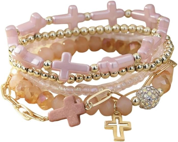 Multi-colored Cross Charms Bracelet Set for Women Christian Cross Stackable Beaded Bracelets Creative Easter Wristlets Decor Religious Jewelry