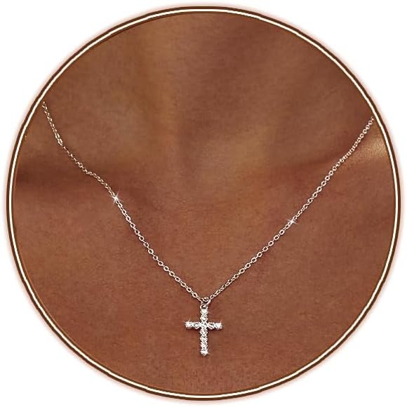 Zeffy Cross Necklace for Women,18K Gold/Silver Plated Tiny Cubic Zirconia Cross Pendant Necklace for Women Simple Layered Cross Necklaces for Women