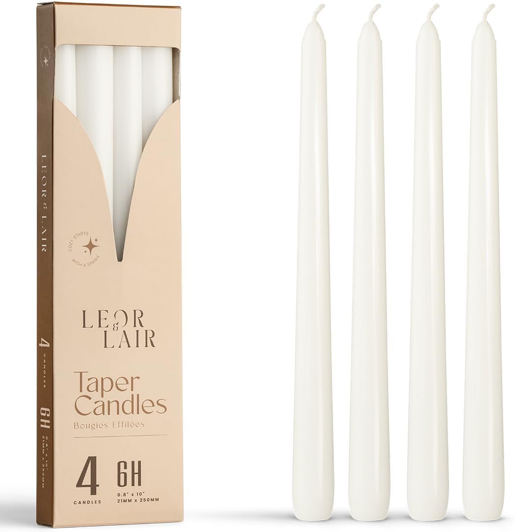 Leor & Lair White Taper Candles – 4 Pack 10″ White Candlesticks – Unscented Long Burning Candle Sticks for Home Decoration, Holidays, Weddings, Religious, Restaurants & Business Events