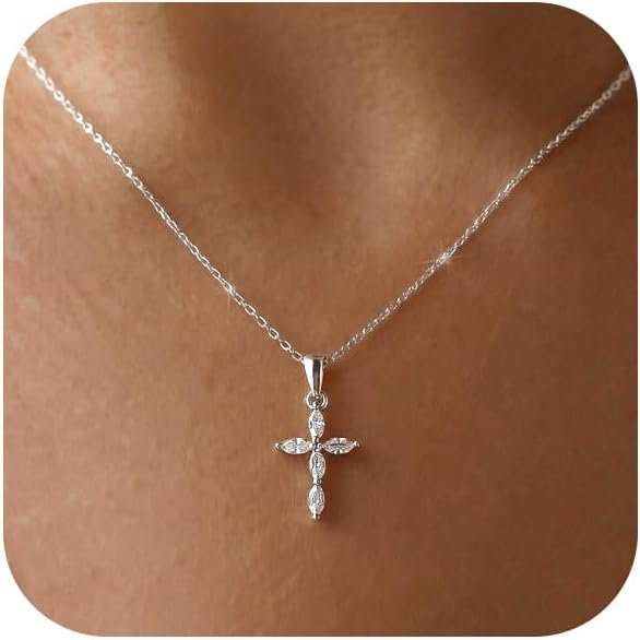 Cross Necklace for Women Dainty 14K Gold Silver Plated Cross Chain Pendant Christian Religious Baptism Faith Charm Trendy Jewelry Gift