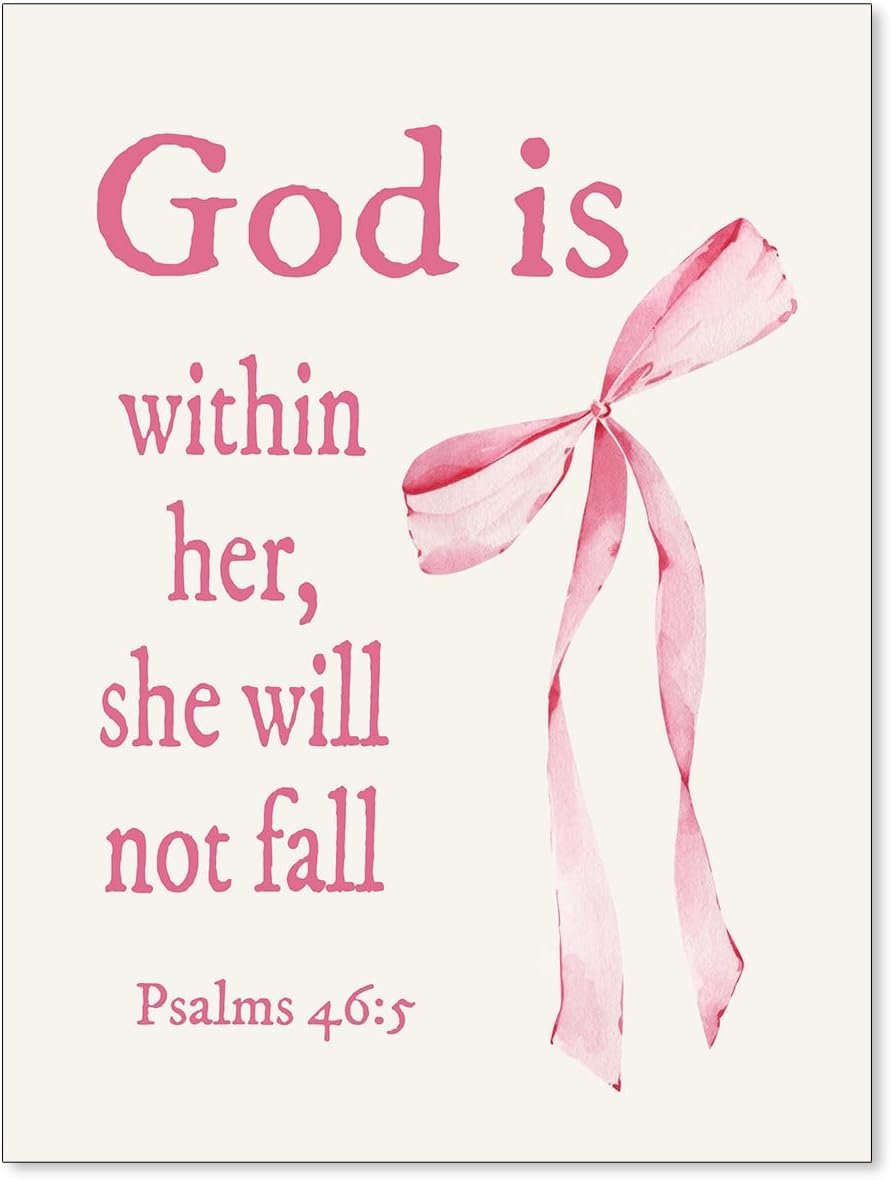 enttgo Christian Bible Verse Scripture Poster Pink Coquette Bow Wall Art Trendy Jesus Canvas Painting Prints for Living Room Bedroom Wall Decor 12X16 inch Unframed