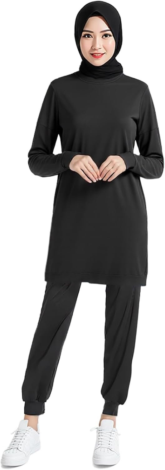 Womens Muslim Tracksuit Set Solid Crew Neck Sweatsuits with Pockets Plain Islamic Athletic Sportswear