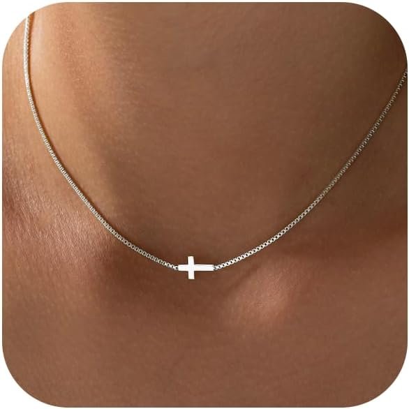 Bheop Cross Necklace for Women Trendy 14K Dainty Gold Silver Plated Cross Pendant Necklaces Simple Cute Faith Charm Choker Religious Drop Dangle Chain Necklace Non Tarnish Costume Jewelry Gift